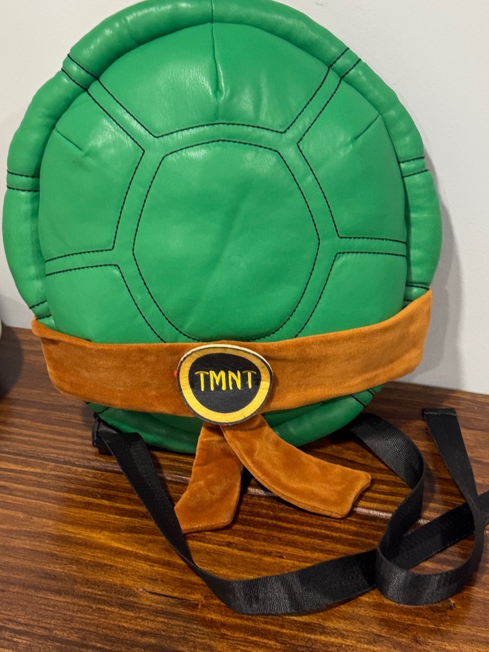 Ninja Green Turtle Shell Faux Leather Backpack with Orange Belt Accent